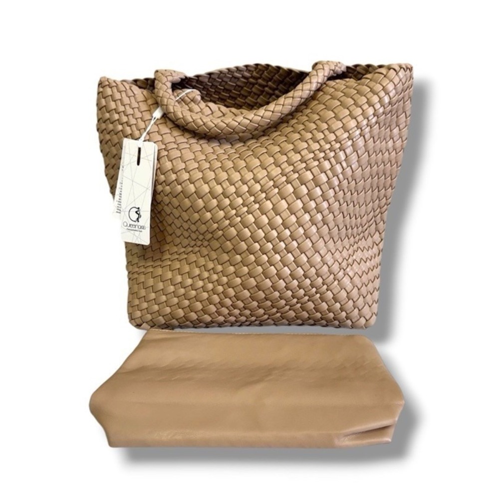 Queenoris Beige Woven Women's Handbag w/Clutch Vegan Leather Tote Bag Summer NWT